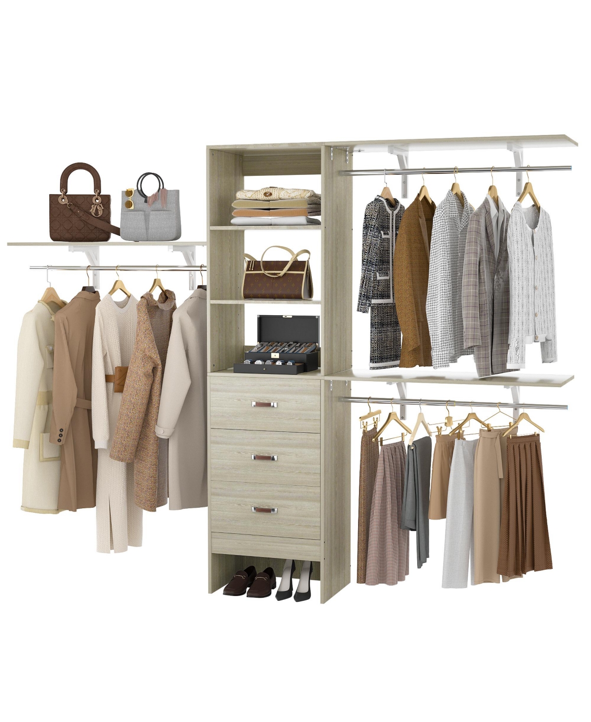 Aheaplus Closet System with 3 Hanging Rods, Drawers and Shelving Tower, 5-8 Feet Walk-in Organizer