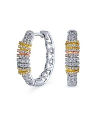 Tri-Color Pave CZ Oval Hoop Earrings Rose Gold Silver Plated