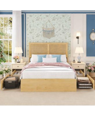 Bohemian Platform Bed Frame with Rattan Storage Headboard, Adjustable Led Lights, Wooden Support Legs, No Box Spring Needed, Noise-Free