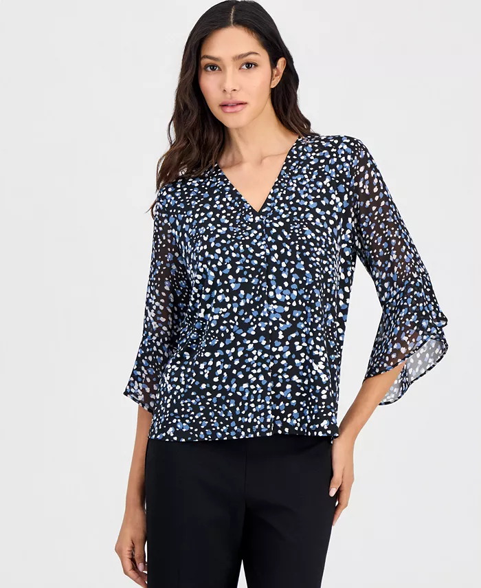 Petite Printed 3/4-Bell-Sleeve Split-Neck Top