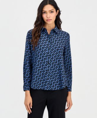 Petite Printed Button-Front Long-Sleeve Blouse