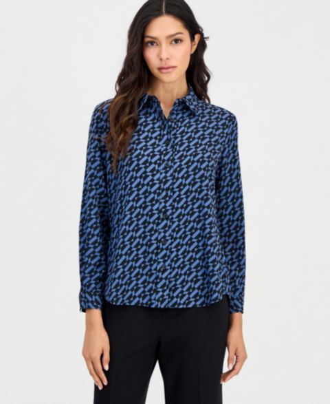 Женская блузка Anne Klein Essentials Petite Printed Button-Front Long-Sleeve Blouse, цвет: Синий / Чёрный