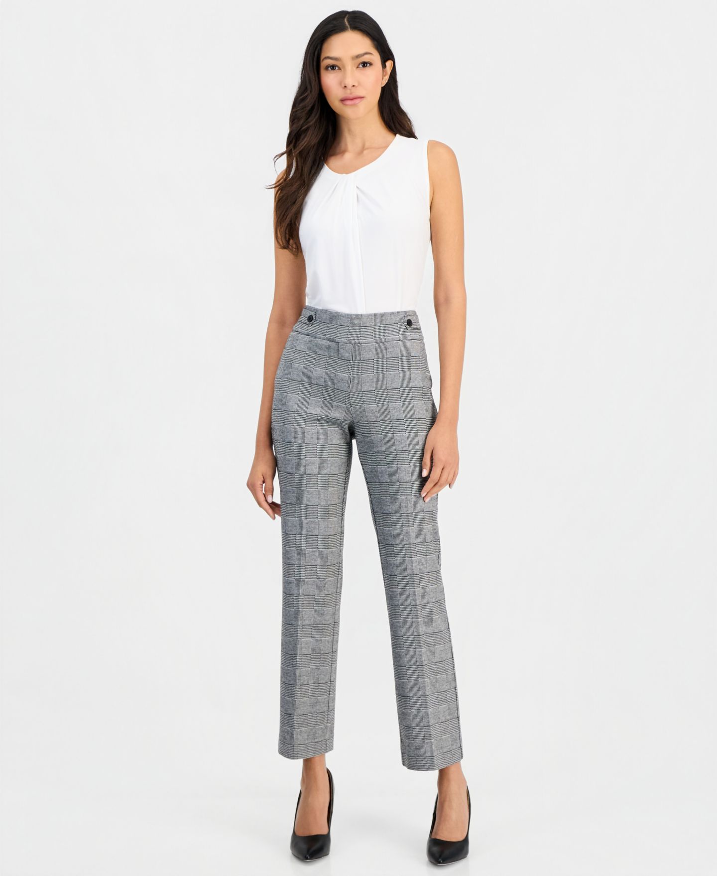 Женские брюки Anne Klein Essentials Petite Plaid Pull-On, цвет: Чёрный / Белый — фото 4