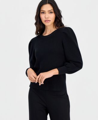Petite Long-Puff-Sleeve Crewneck Sweater