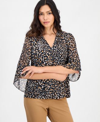 Petite Printed 3/4-Bell-Sleeve Split-Neck Top