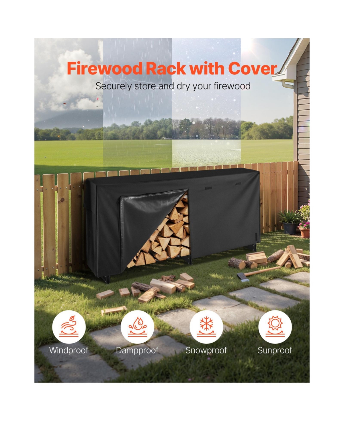Cozito Firewood Rack with Cover, 8 feet Outdoor 1/2 Cord Metal Log Holder