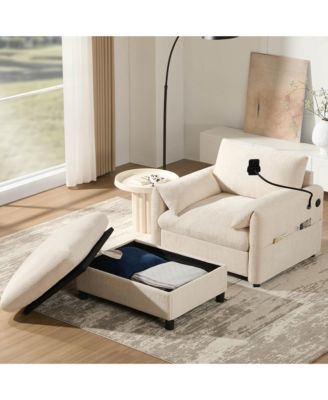 37" Single Sofa with Storage Ottoman, Chenille Armchair - Adjustable Phone Holder, Dual-Port Charger and Side Pockets for Living Room