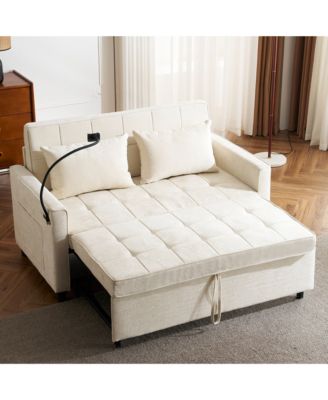 56.9" Loveseat Sofa Couch, Pull-Out Sleeper Sofa Bed with a Reversible Backrest Cushion, 2 USB Ports and a Phone Holder for Living Room