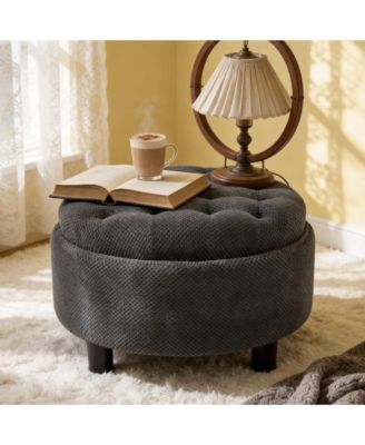 25 Inch Round Storage Ottoman - Modern Tufted Fabric Circle Coffee Table with Removable Top, Footrest Stool for Living Room