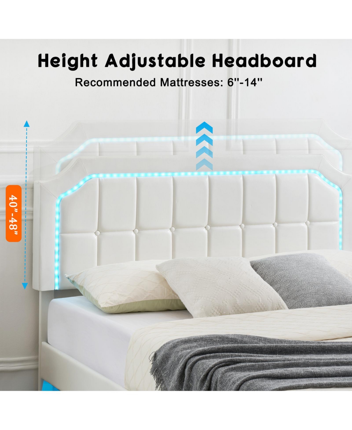 homfan Floating Upholstered Bed Frame with Led Headboard, Adjustable Height, Metal Slat Support, Box Spring Not Required