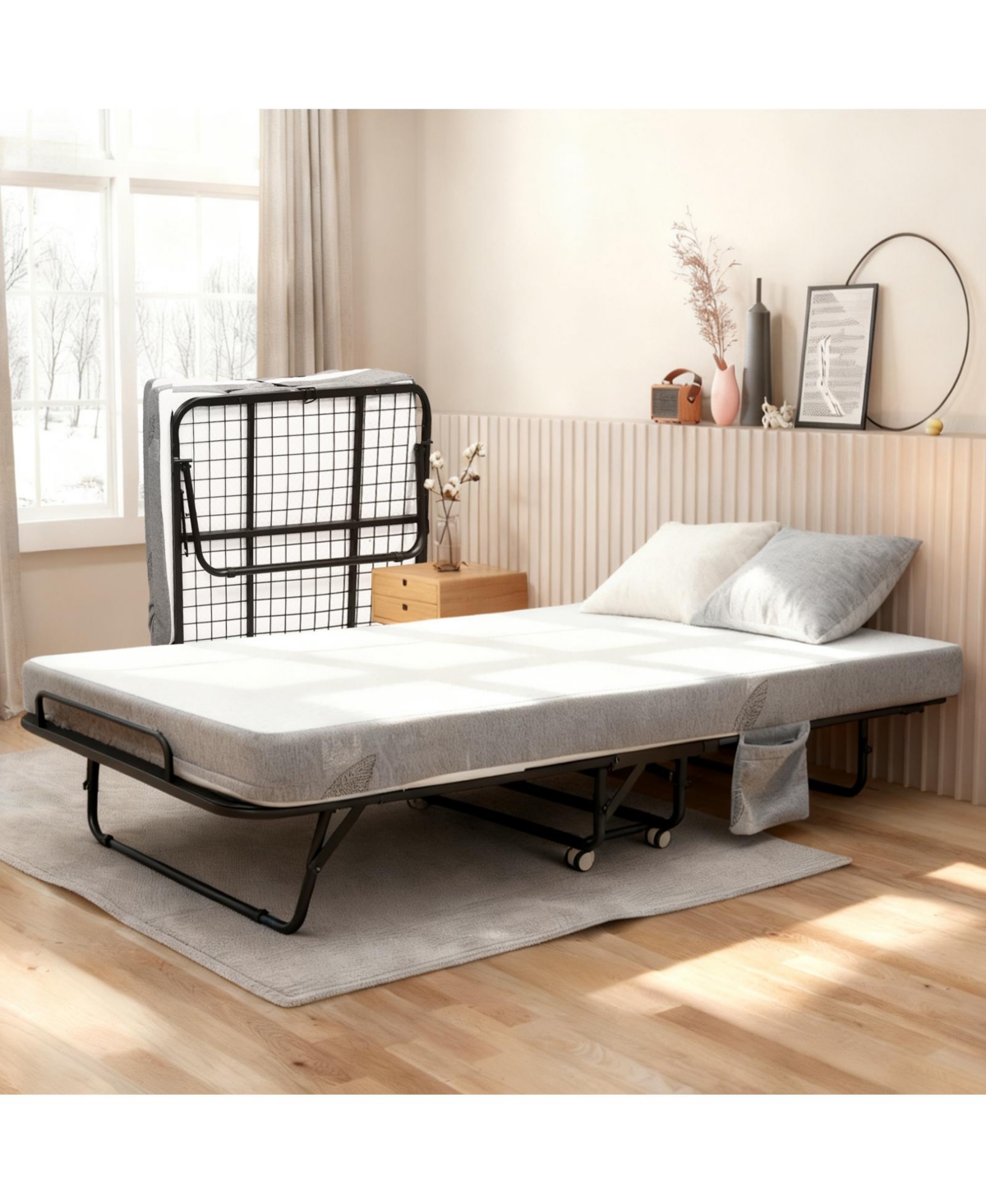 homfan Folding Bed with 5 in Memory Foam Mattress, Rollaway Guest Bed on Wheels