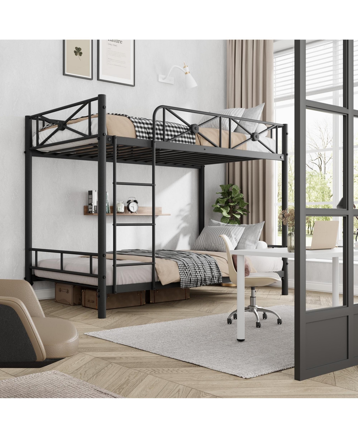 homfan Twin Over Metal Bunk Bed with Floral Design, Safety Guardrails, Space-Saving Steel Frame for Bedroom or School