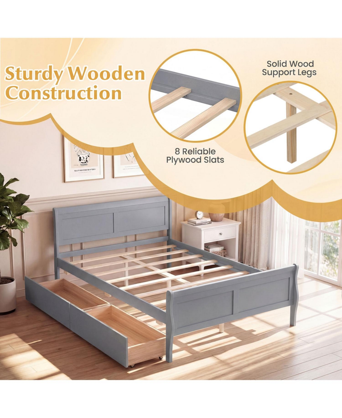 Slickblue Wooden Bed Frame with Built-In Storage Drawers and Footboard