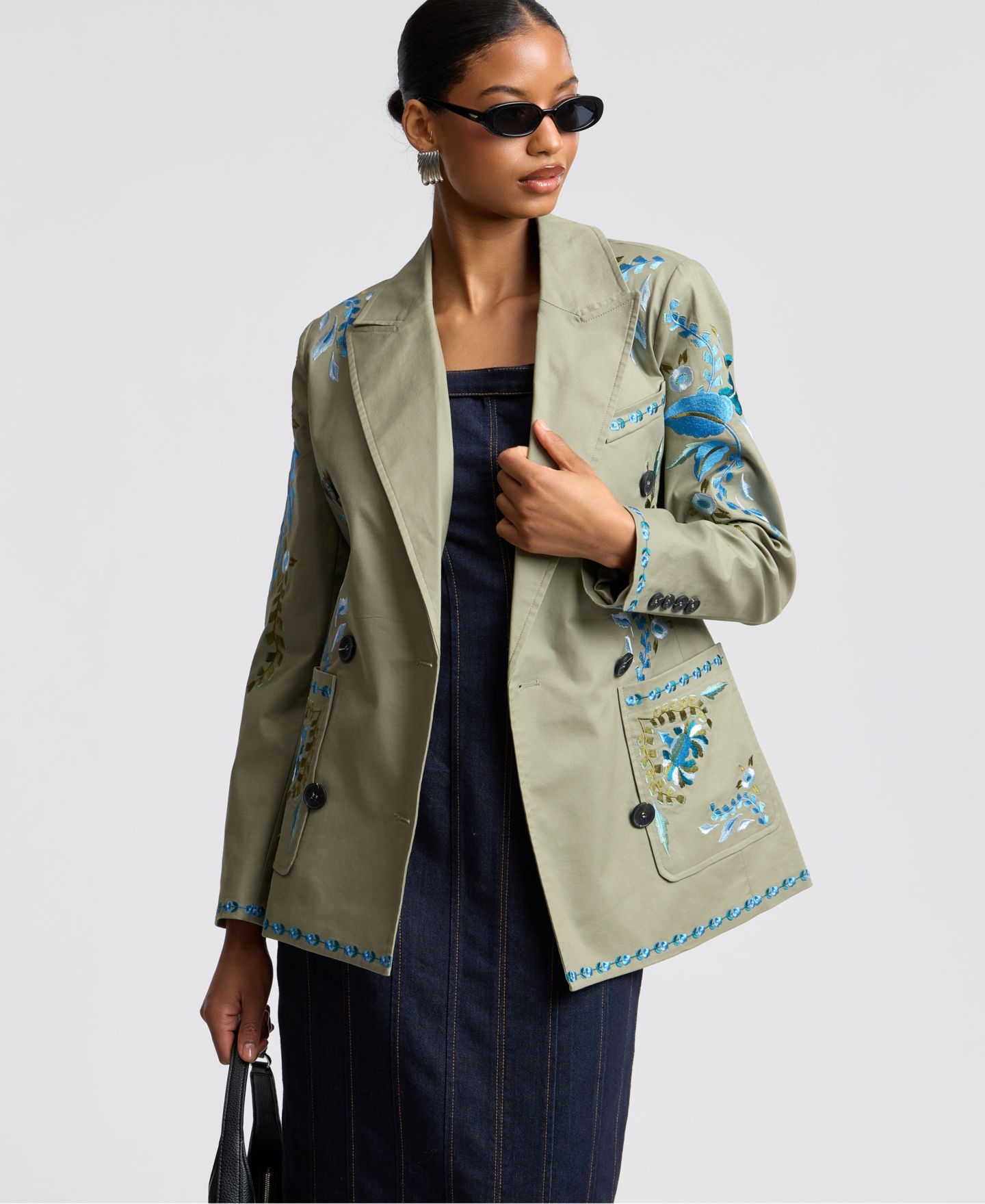 Женский пиджак Avec Les Filles Embroidered Double-Breasted Blazer, цвет: Бледный оливковый — фото 6