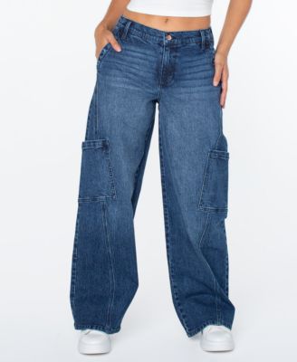 Juniors' Elastic-Back Mid-Rise Wide-Leg Cargo Jeans