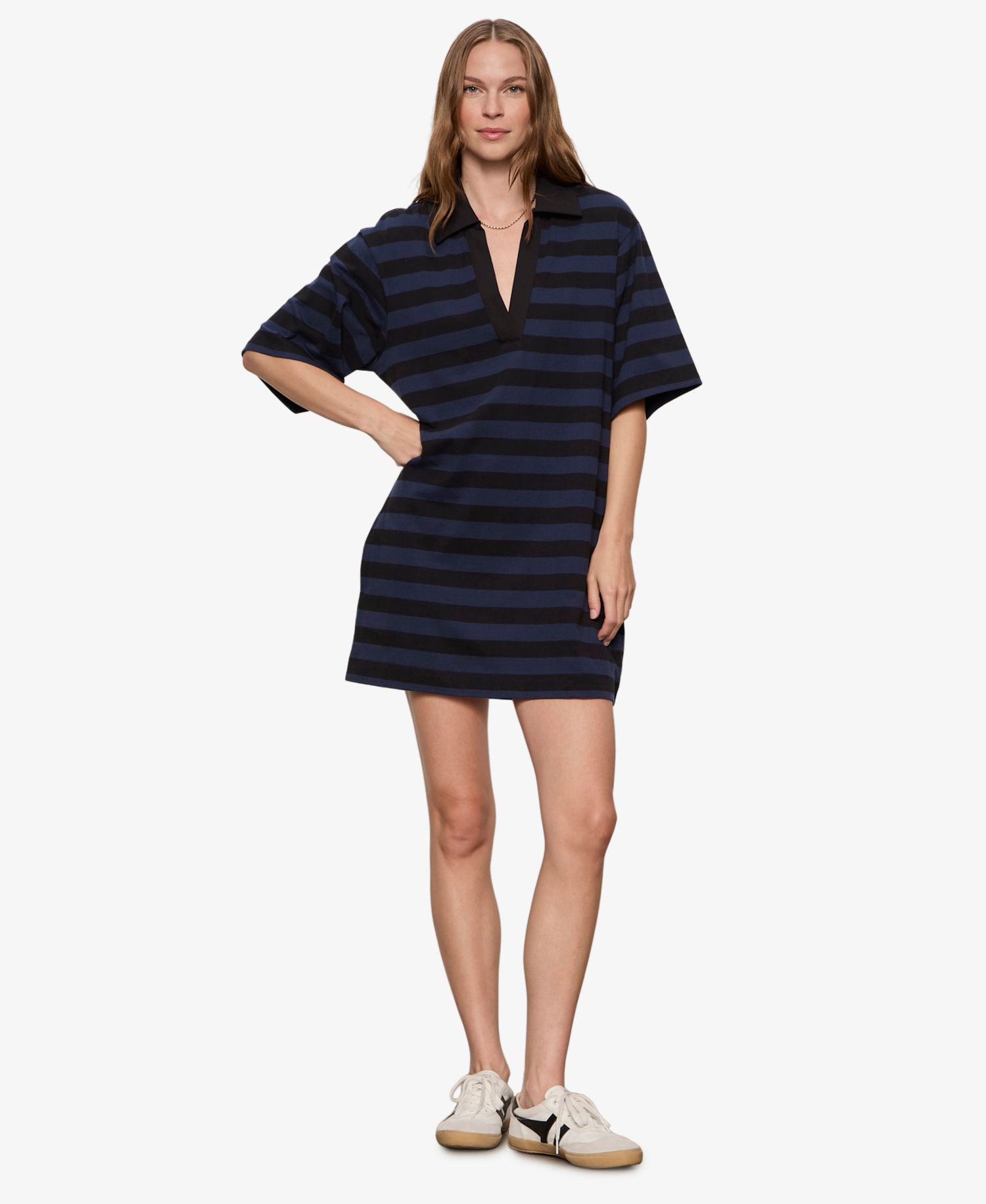 Women's Striped Oversized Spread Collar T-Shirt-Dress