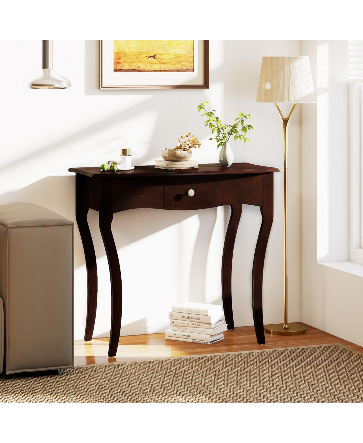 Sugift Traditional Console Table with Drawer and Curved Solid Wood Legs, 34 in
