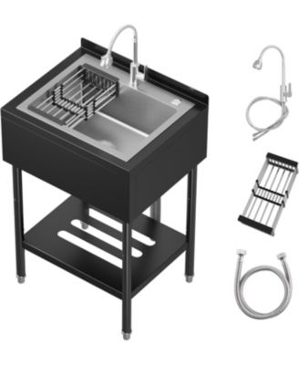 Freestanding Stainless Steel Utility Sink Single Bowl with Pull-Out Hot and Cold Faucet Shelf and Drain Basket