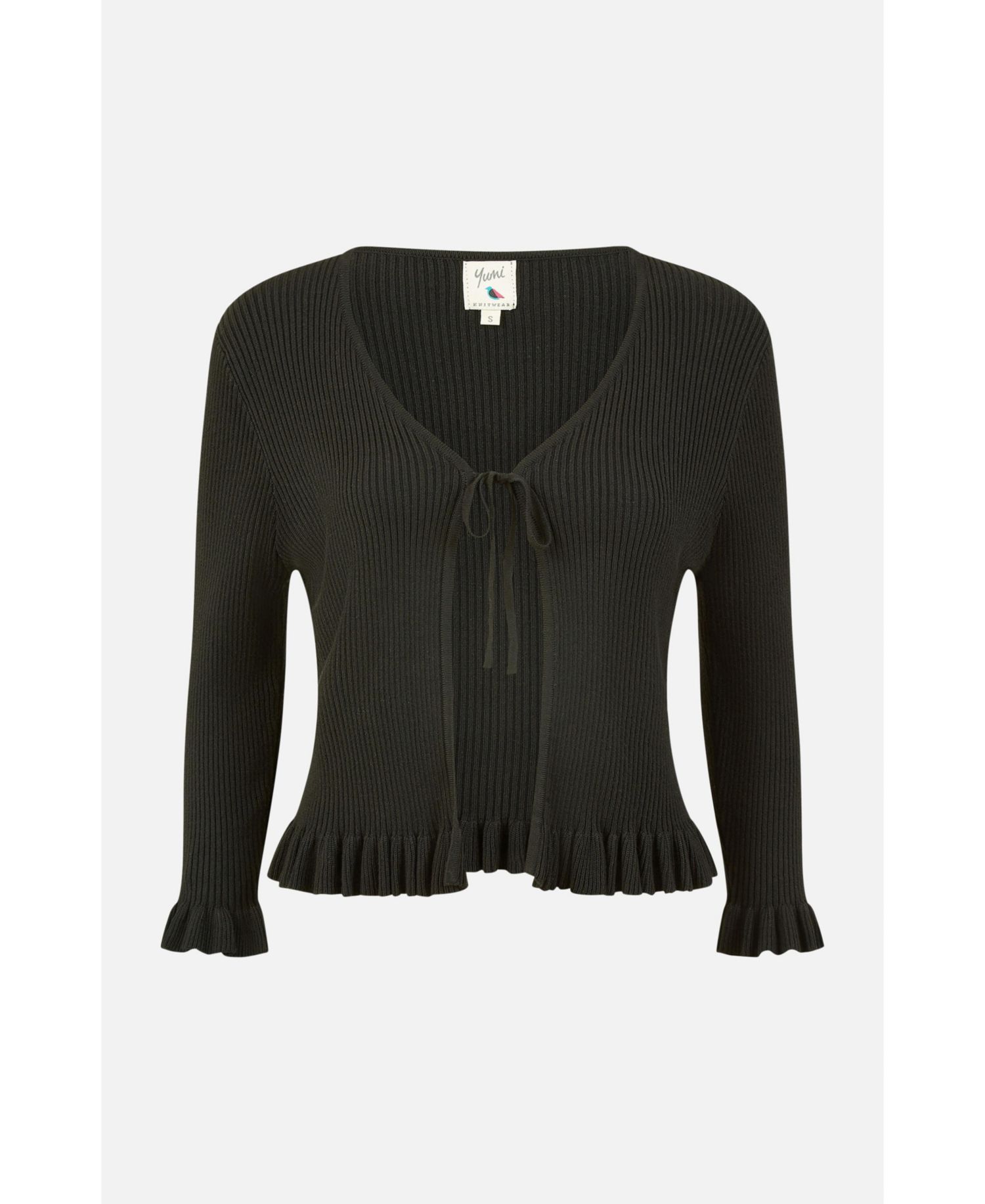 Women's Tie Front Frilled Hem Ribbed Cardigan