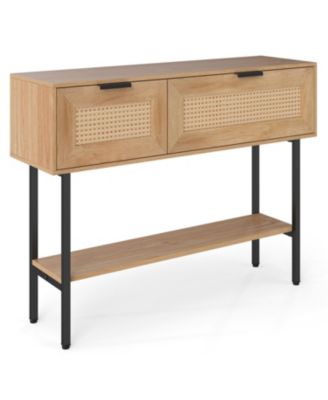 Stylish Rattan Console Table with Storage Cabinets and Steel Frame Shelf