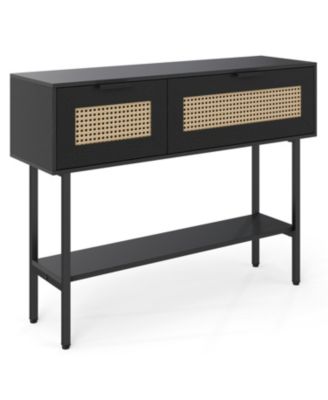 Stylish Rattan Console Table with Storage Cabinets and Steel Frame Shelf