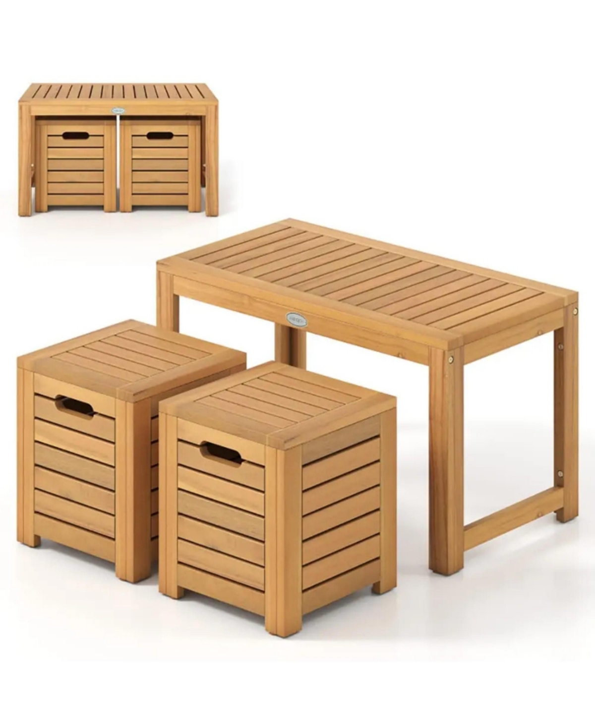 Yiortwo 3-Piece Acacia Wood Patio Coffee Table Set with Storage Stools