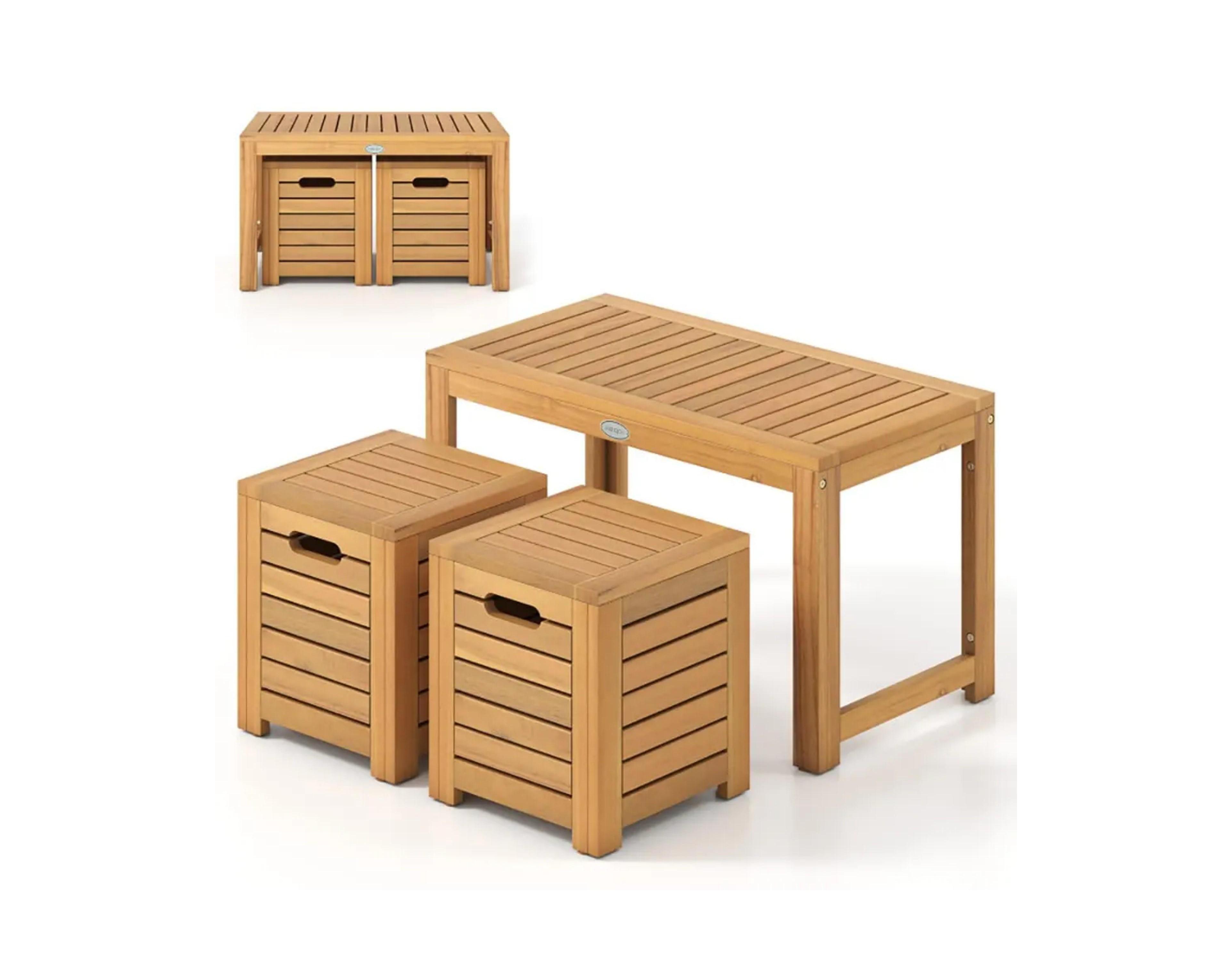 Yiortwo 3-Piece Acacia Wood Patio Coffee Table Set with Storage Stools