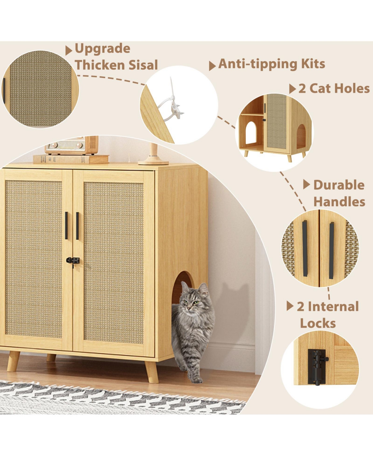 Homsee Litter Box Cabinet with Scratch-Resistant Doors - Large Wooden Cat Litter Station with Removable Shelves | Hidden Cat Toilet Furniture