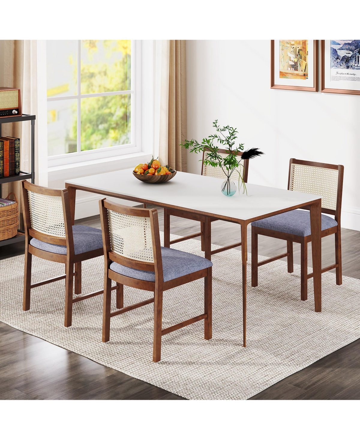 Gymax Rattan Dining Chair Rubber Wood Frame Linen Fabric Padded Seat