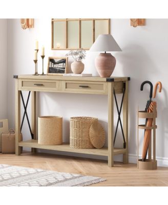 Entryway Console Table with Rattan Drawers and Storage Shelf - Narrow Sofa Table for Living Room, Hallway