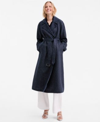 Women's Nautical Stripe Trench Coat, Pointelle Collar V-Neck Sweater & Cotton Wide-Leg Pants