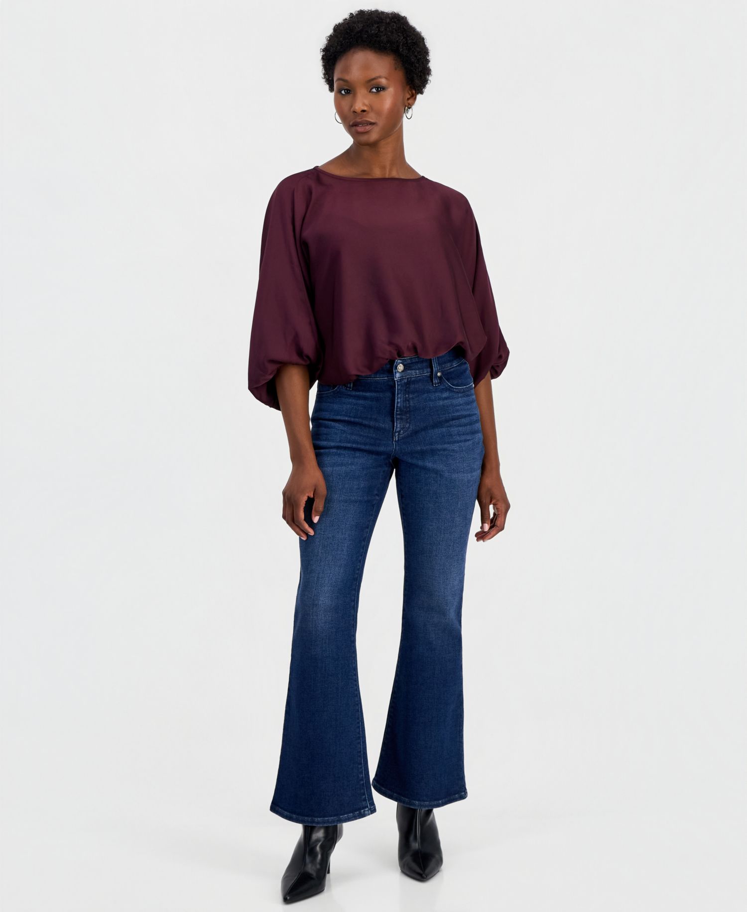 Petite Elbow-Sleeve Bubble Boat Neck Blouse