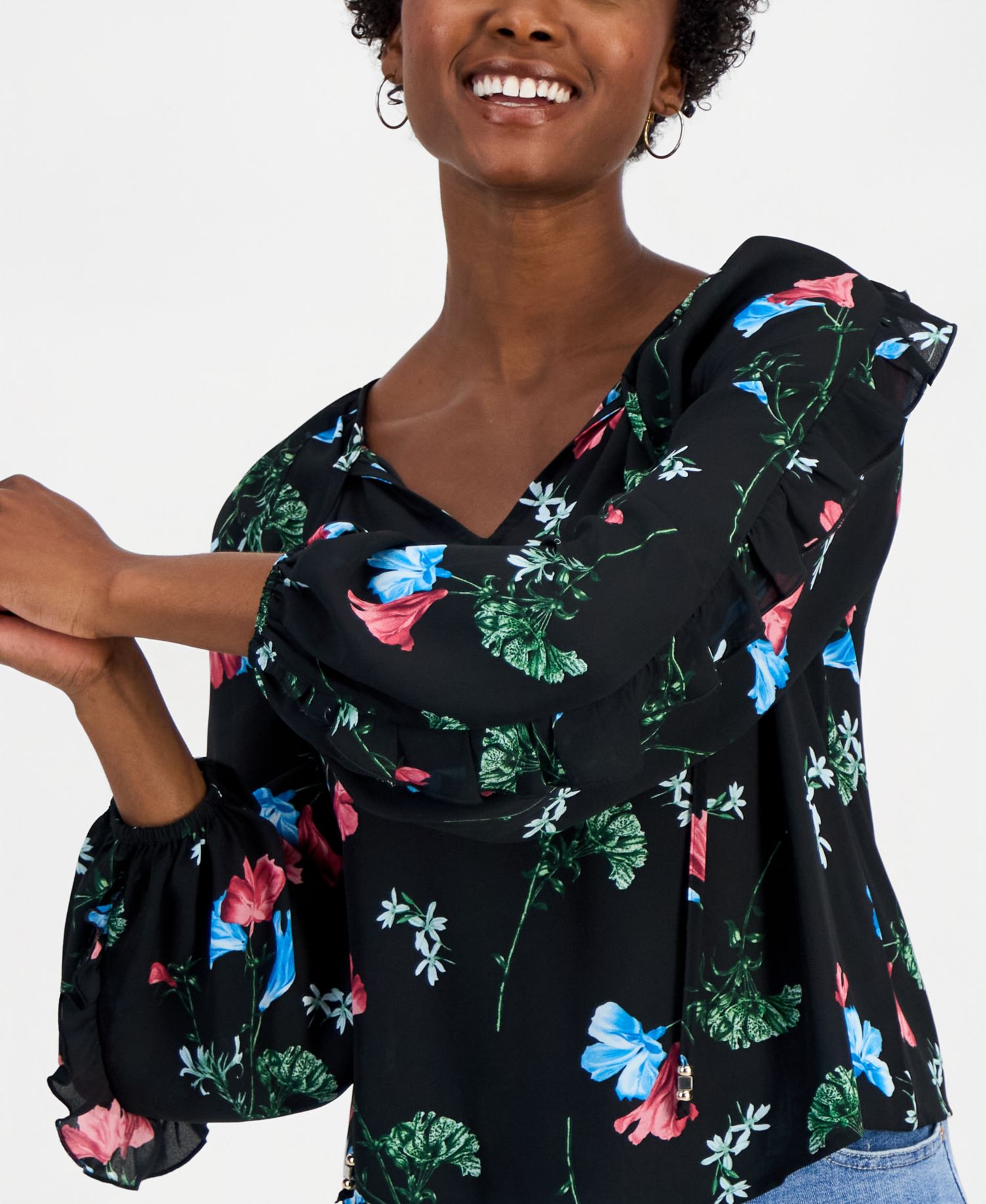 Women's Petite Ruffle Floral-Print Long-Sleeve Blouse