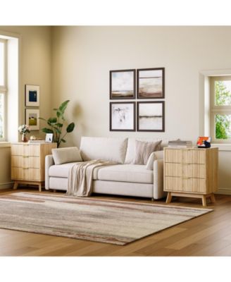 Set of 2 Fluted 3-Drawer Nightstands, Bedroom Side Tables with Metal Handles Wood Finish