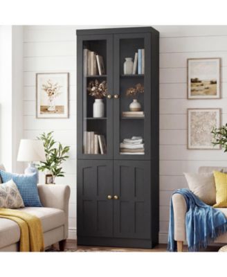 Storage Cabinet with Glass Doors, Wooden Bookcase with Shelves