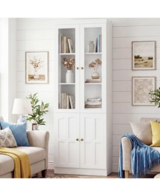 Storage Cabinet with Glass Doors, Wooden Bookcase with Shelves