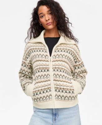 Women's 100% Cashmere Fair Isle Zip-Front Sweater Jacket
