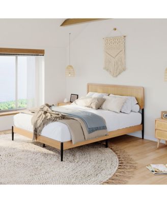 Queen Rattan Bed Frame – Rattan Headboard Platform Bed with Wood Slats and Under Bed Storage. Quiet Support. No Box Spring Needed