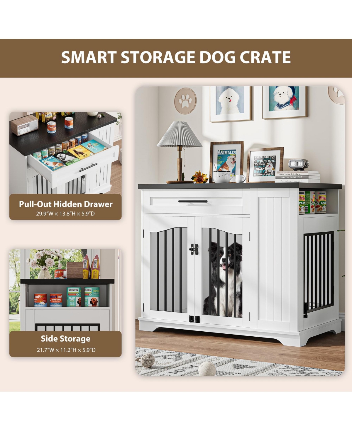 gaomon 44 Inch Heavy Duty Wooden Dog Crate Furniture with Drawer, Side Storage and Built-In Feeding Station Modern Kennel End Table for Large Dogs