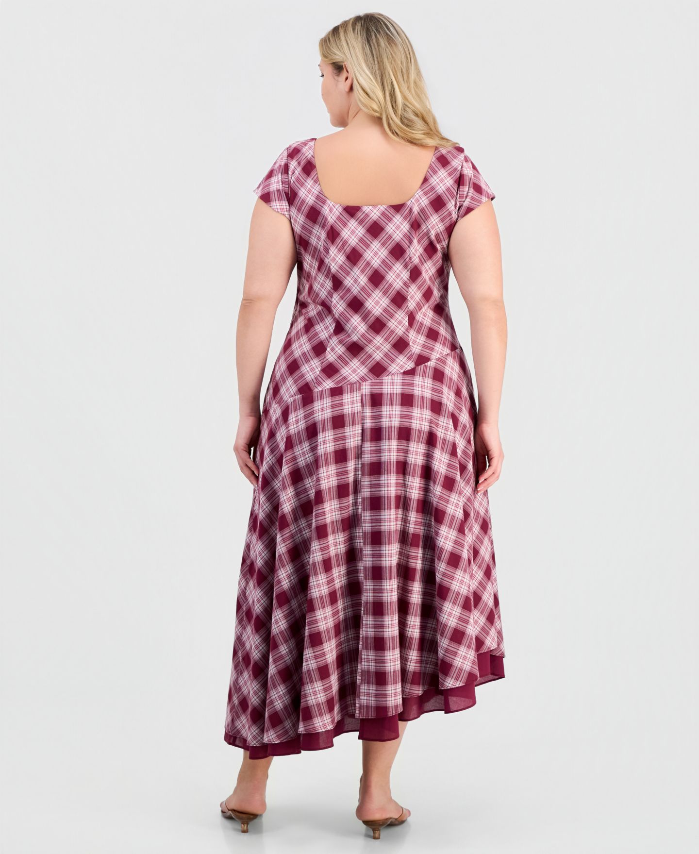Женское платье And Now This Plus size Cotton Plaid Cami-Strap Asymmetric, цвет: Винный клетчатый — фото 5