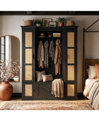 Farmhouse Entryway Wardrobe Cabinet - Storage Organizer with Wicker Doors | Large Capacity Shoe and Coat Closet for Hallway