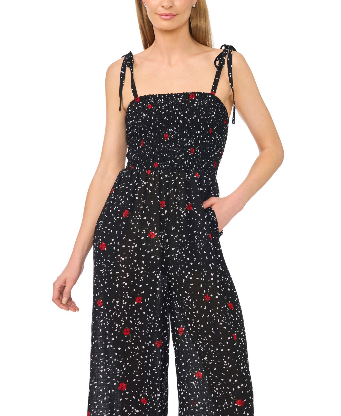 Женский комбинезон CeCe Square Neck Smocked Bodice Jumpsuit, цвет: Насыщенный чёрный — фото 2