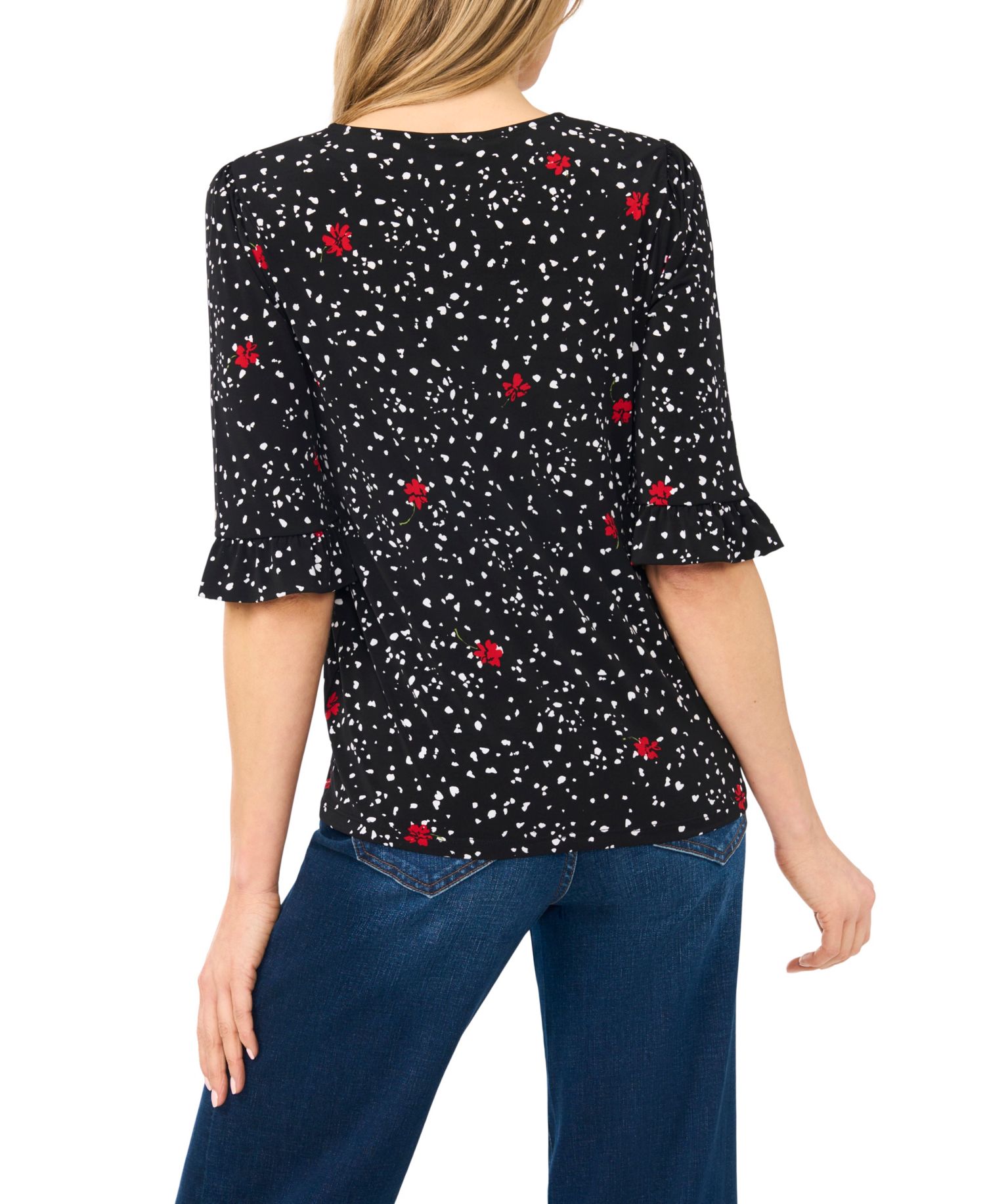 Women's Print V-Neck 3/4-Sleeve Ruffled Cuff Blouse