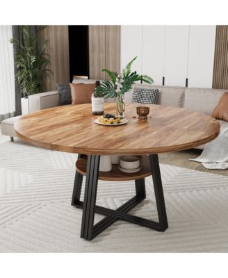 Round Dining Table for 4-6, 42" Farmhouse Kitchen Table with Storage, Circle Dinner Tables for Kitchen, Dining Room