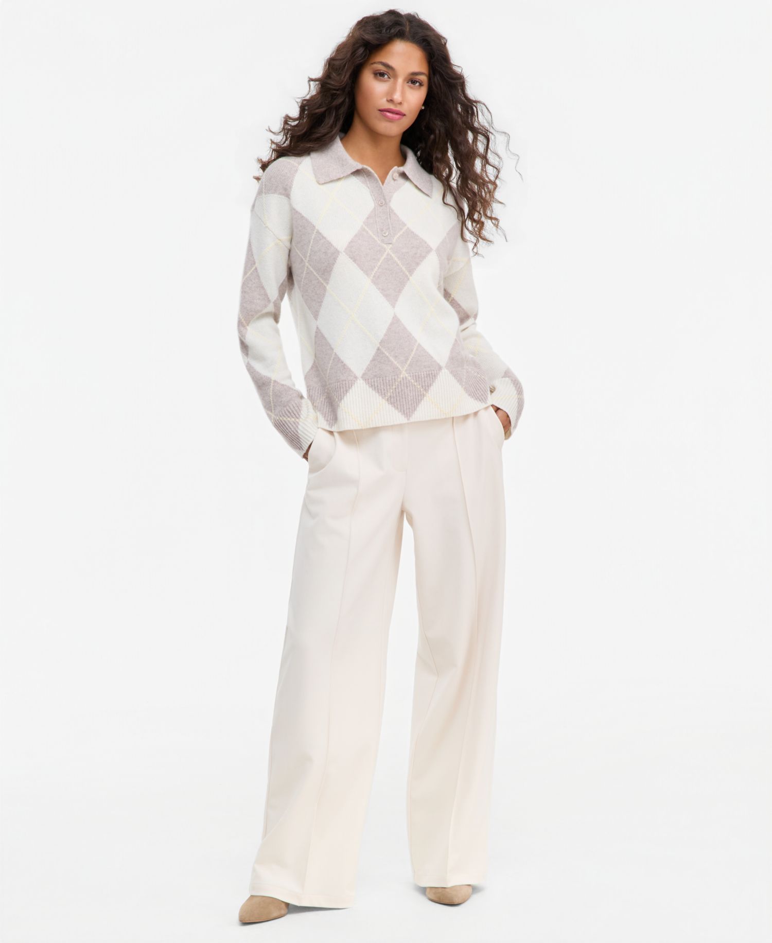 petite 100% Cashmere Argyle Oversized-Collar Sweater