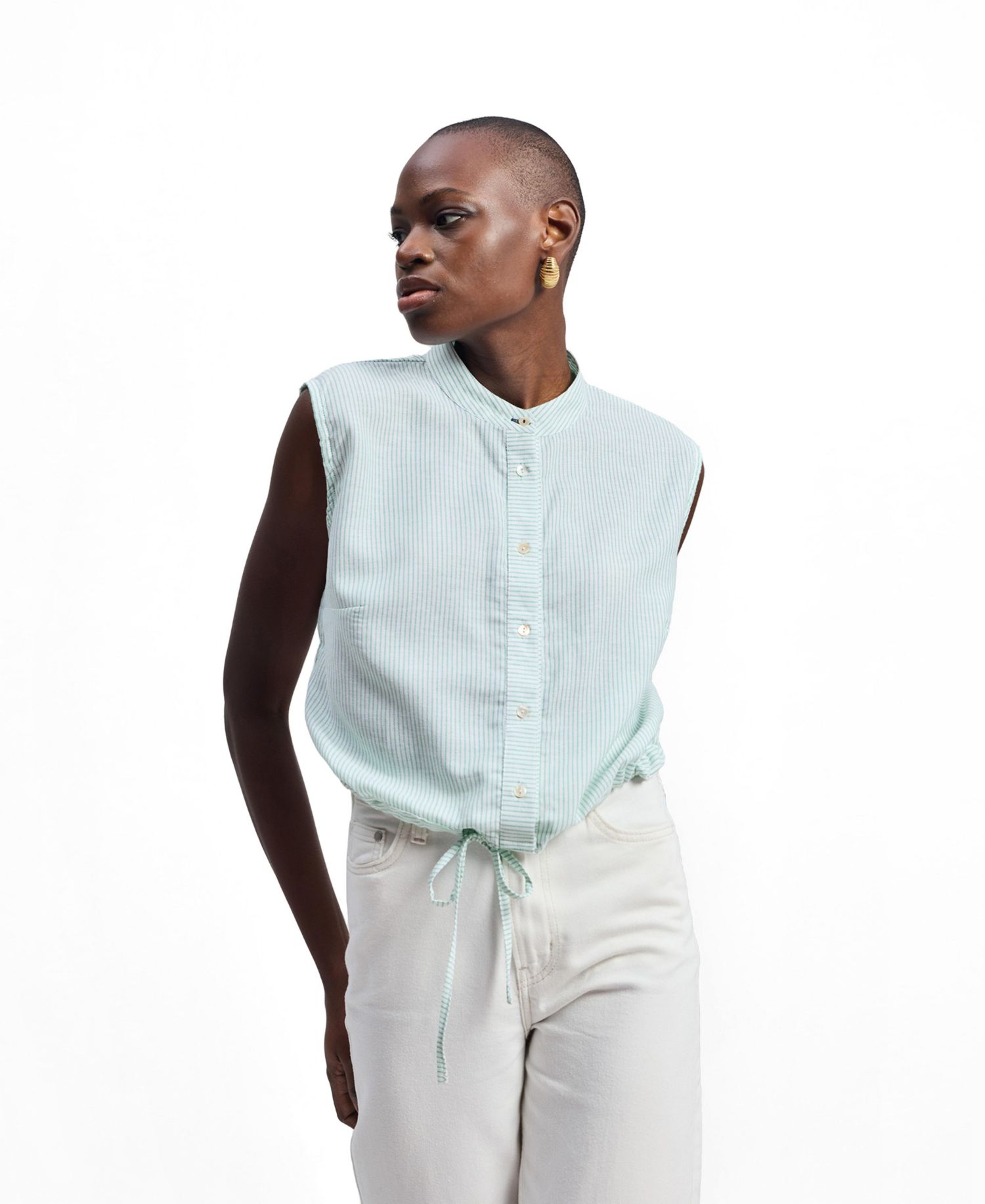 Women's Button-down Shirt with Waist Drawstring in Stripes