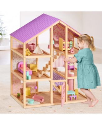 Wooden Dollhouse for Girls - DIY Pretend Play Doll House with 31Pcs Furniture Accessories