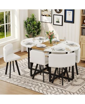 7 Piece Oval Faux Marble Dining Set with 6 PU Leather Chairs