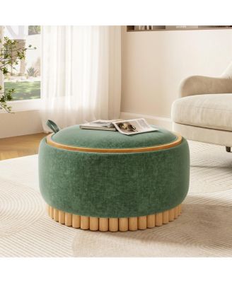 29" Round Chenille Storage Ottoman with Reversible Lid and Wood Legs