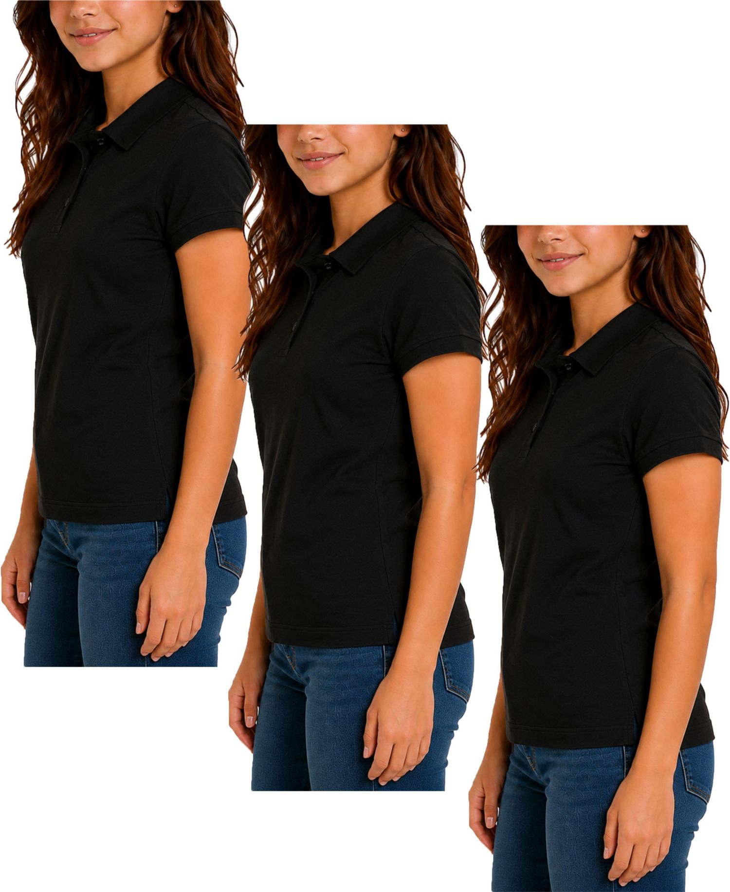 Women's 3-Button Short Sleeve Stretch Pique Polo Shirts School Uniform-3 Pack